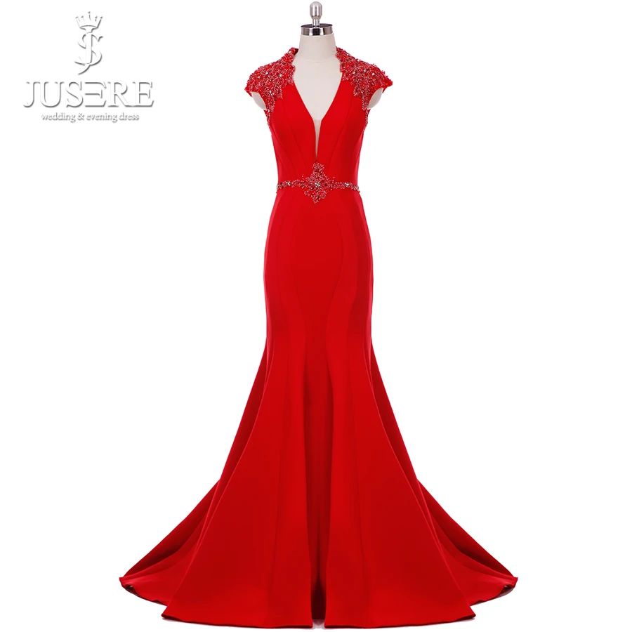 

Real Photos Cap Sleeves Beading V neckline Open Back Mermaid Evening Dresses With Sweep Tail Stunning Crystal Gowns