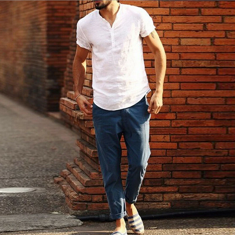 Black White Linen Shirt Man Casual Summer Button Tops Men's Clothes Short Sleeve Pullover Solid Cool Shirts Man Plus Size Shirts