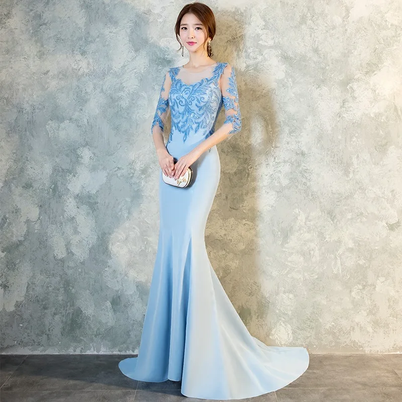 

Noble Women Trailing Dress Sky Blue Lace Hollow Out Qipao Oriental Ladies Evening Party Cheongsam Sexy Slim Dresses Gown