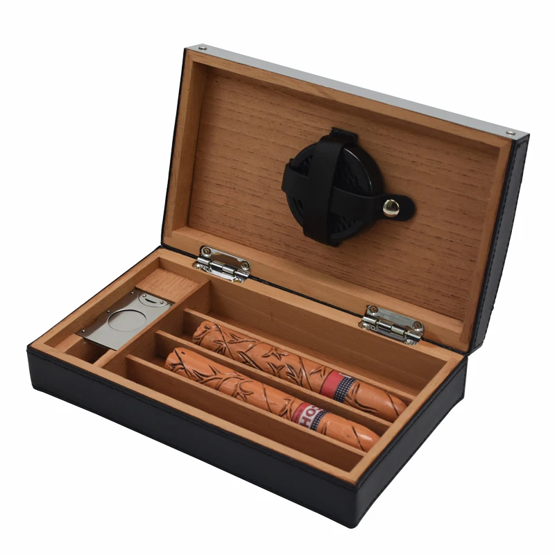 4 Tubes Holder Leather Wood Cigar Moisture Box Travel Carry Small Mini