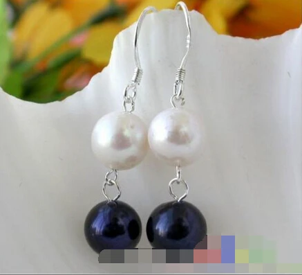 

free shipping 00214 WHITE BLACK ROUND FW CULTURED PEARL DANGLE EARRING