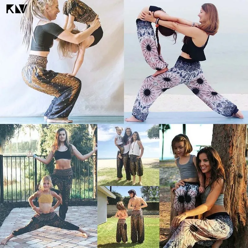 KLV, семейные Свободные мешковатые штаны для мамы и дочки, для мальчиков, Boho, для йоги, шаровары, длинные пляжные штаны