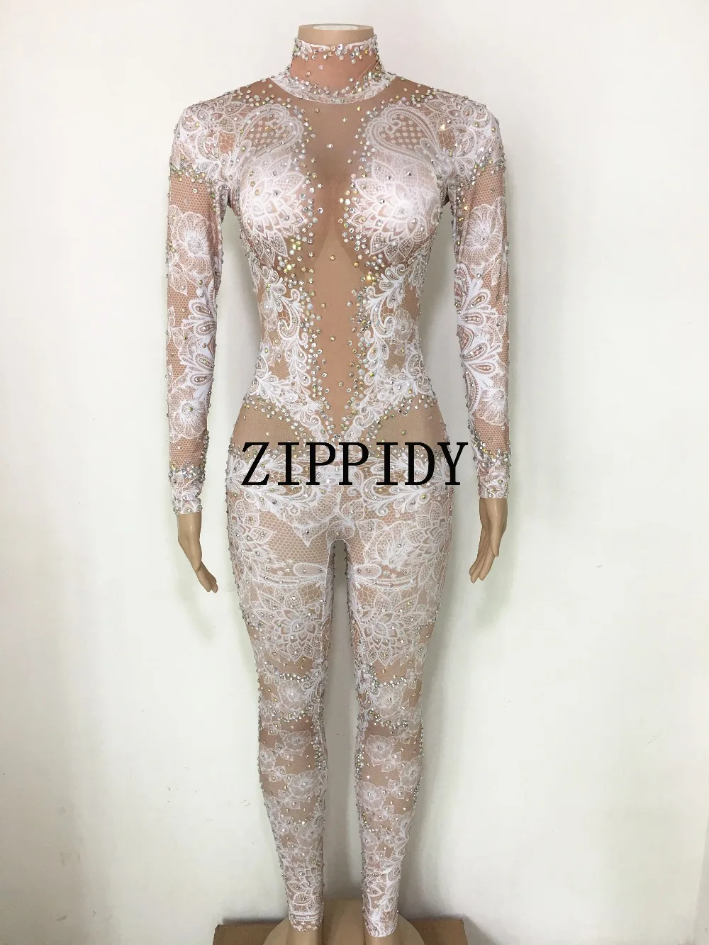 White Costume Leggings Scène Dentelle Strass Femmes Salopette Nuit Danse Spandex De Porter Plaine Blanc Body Boîte Znvgqg8