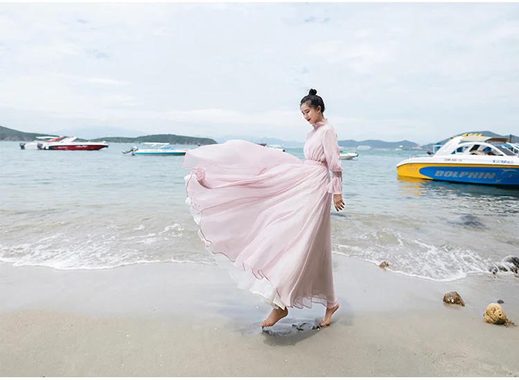 MM169 Новое поступление Лето женское 9 м большой низ Водолазка с длинным рукавом Макси Винтаж пляжное шифоновое платье розовый