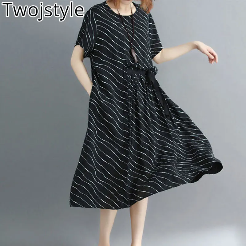 Twojstyle 2018 Summer Women Cotton Striped Dress Fashion High Waist Round Collar Short Sleeve Knee-Length Have Sashes | Женская одежда