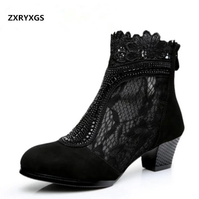 Hot New Black Hollow Lace Genuine Leather Women Boots Rhinestone Mesh Ankle Boots Comfortable 