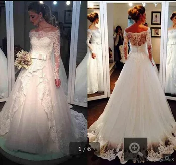 

New arrival Lace appliques Beads Wedding Dresses 2016 Off Shoulder vintage Long Sleeve modest Wedding Dresses bow bride gowns