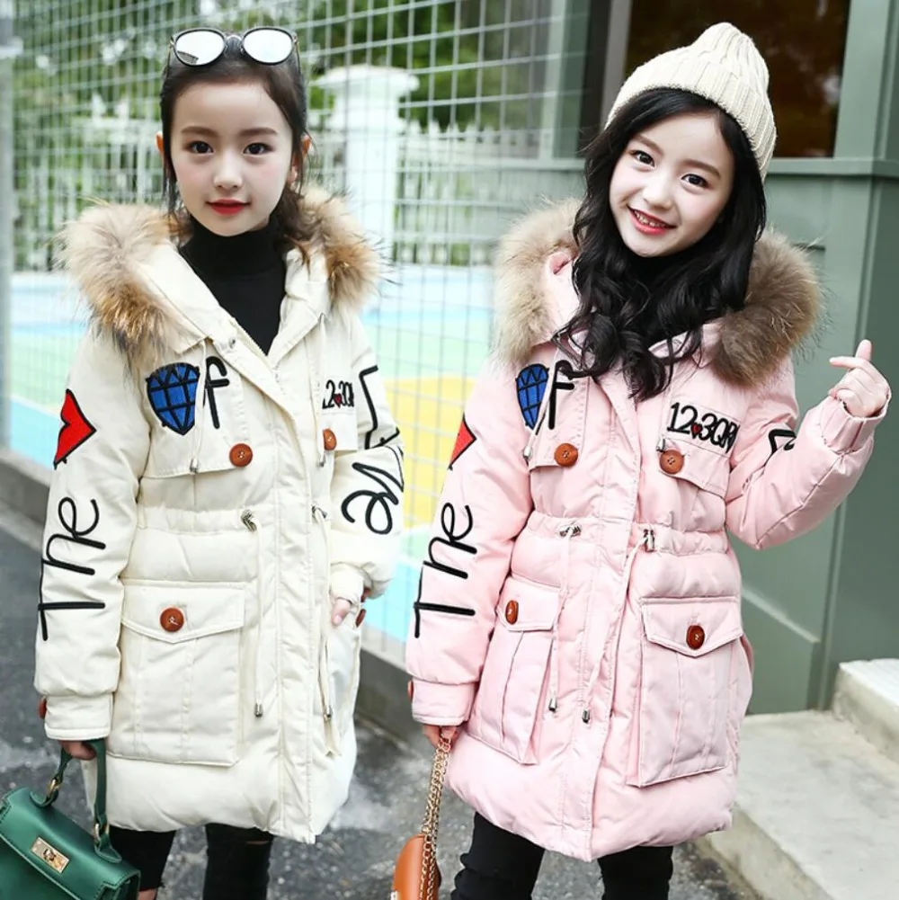 Зимние Модные пуховики/пальто для девочек зимние пальто для больших девочек Толстая теплая куртка на утином пуху верхняя одежда для детей, куртки до-30 градусов