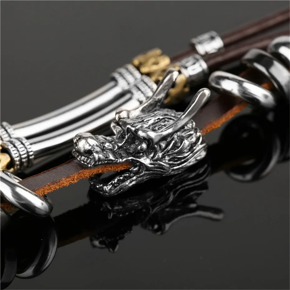 Antique Stainless Steel Dragon Head Design Brown Genuine Leather Rope Chain Men Women Bracelets Bohemia Charm Gift (11)