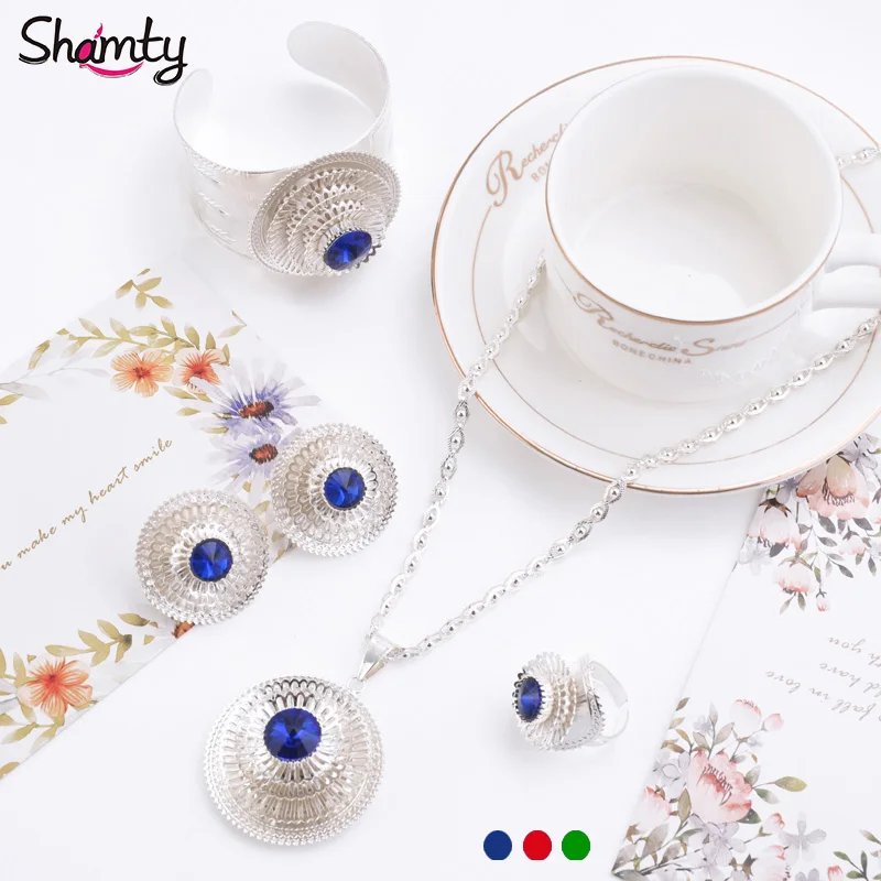 

Shamty Habesha Style Trendy Blue Green Red Stone Silver Color Sets Ethiopian Jewelry Sets African Nigeria Sudan Eritrea Kenya