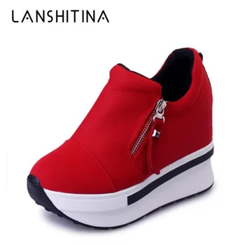 

2019 New Women Wedge Platform Shoes 7.5CM High Heel Zipper Casual Red Breathable Height Increaseing Canvas Shoes Woman Sneakers