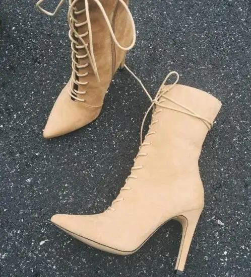 

New fashion unique style high heel boots sexy pointed toe lace-up ankle boots 2017 cutouts thin heels boots army green nude