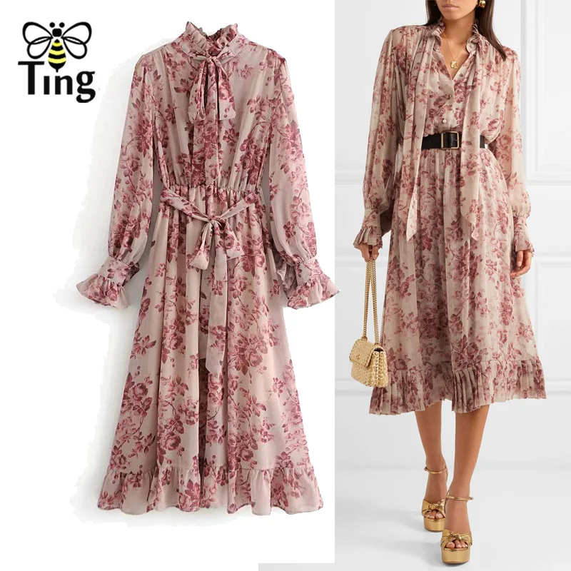 

Tingfly New Fashion Design Floral Print Midi Long Casual Dress Lady Office Work Dress with Waistband Bow Tie Neck Vestidos