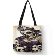 Эксклюзивная Льняная сумка с индивидуальным принтом черепа для девочек День мертвых Хэллоуин многоразовые сумки для покупок Женские повседневные сумки