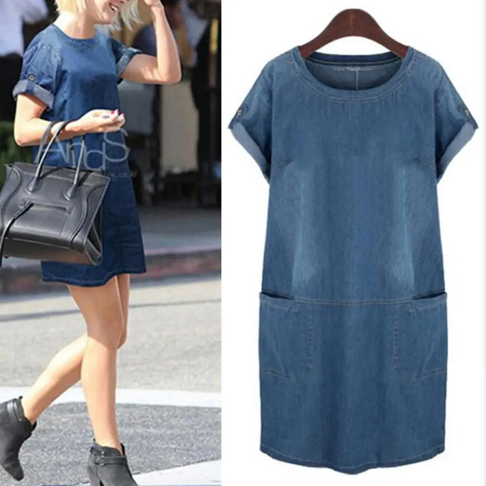 

New 2019 Summer Fashion Womens LOOSE Elegant DENIM DRESS Casual Pocket short sleeve Stitching Dress Large Plus Size 5 XL