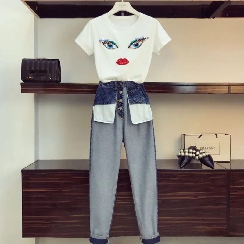 

HAMALIEL Streetwear T Shirts Jeans Set Summer women Eyes Sequins Embroidery White Tshirt + Casual Personality Denim Pants Sets