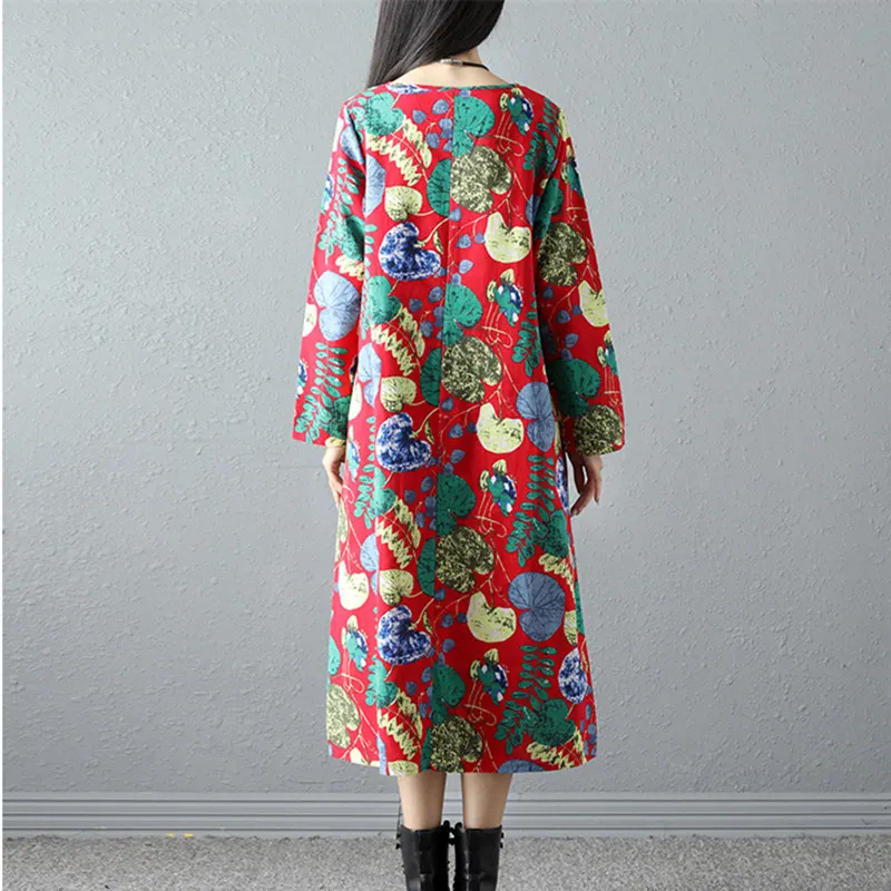 Spring Cotton Linen Print Women dress Ladies Long sleeve Casual Autumn Dresses vestidos vintage Plus size Women clothing SS257