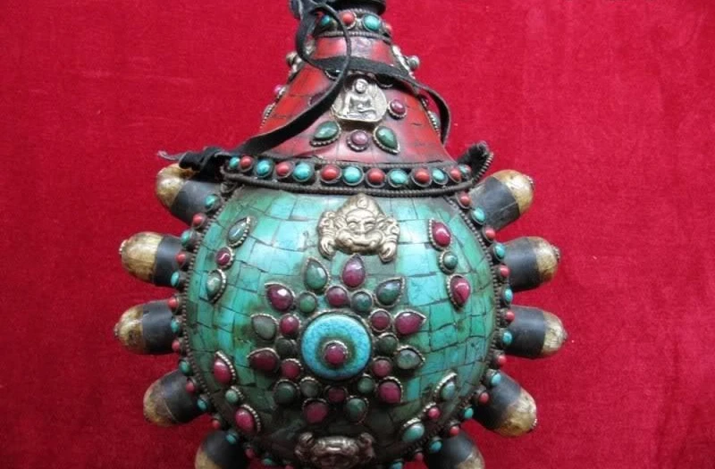 

11"Nepal Copper handwork inlay turquoise Red coral ruby beryl Pot Snuff bottle
