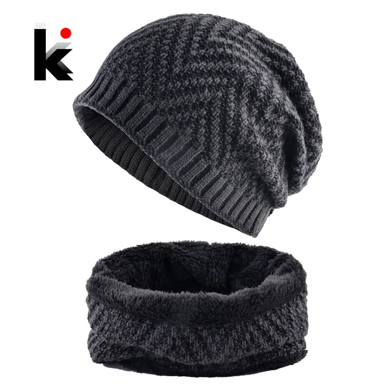 

Men's Hat And Scarf Sets Winter Knitted Thick Bonnet Caps Men Add Velvet Beanies Hats Scarves Set Knitting Warm Skullies Gorro