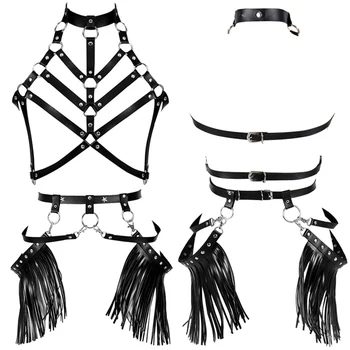 

Metal Chain Sexy Leather Harness Top Cage Bra Adjustable Women Body Cage Bondage Lingerie Punk Gothic Buckle Strap Rave FestivaL