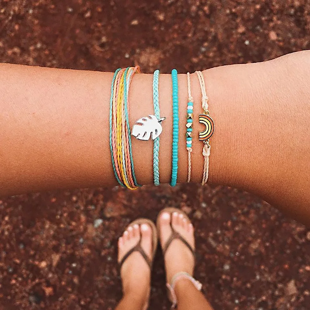 

5pcs/set Minimalist Colorful Rope Layered Round Charms Bracelets Set for Women Boho Handmade Rainbow Leaf Adjustable Bracelets