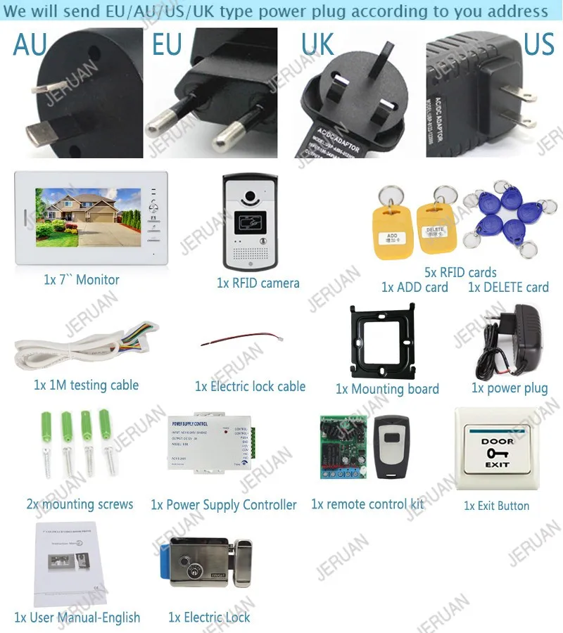 JERUAN Новый 7 ''Цвет Экран Видеомонитор Интерком Системы 1 монитор + 700TVL RFID Доступа Камера + Электрический Управление замок