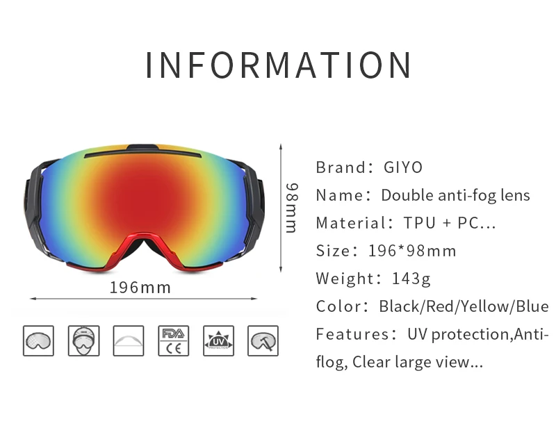 GIYO, женские и мужские лыжные очки для сноуборда, УФ 400, противотуманные очки, очки для катания на лыжах, двойные линзы, зимние очки для катания на коньках