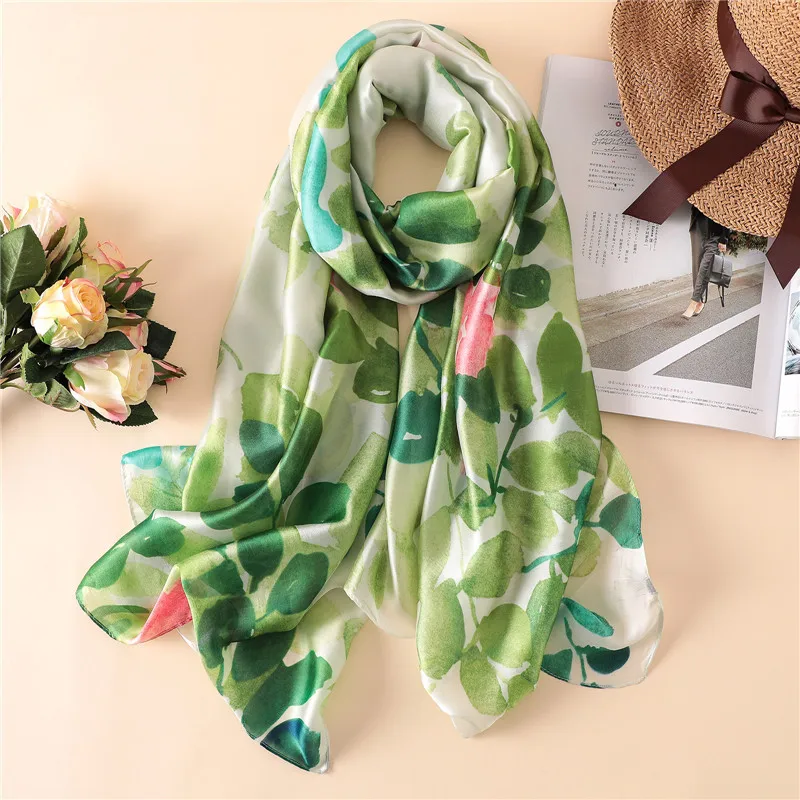 

2018 Women Fashion Ombre Green Leaves Silk Scarf Lady Luxury Brand Wraps and Shawls Female Pashmina Stole Foulards Hijab Snood