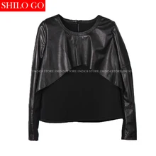 Большие размеры; сезон зима-осень; модная женская Высококачественная рубашка из овчины с круглым вырезом; черная трикотажная рубашка; 3XL