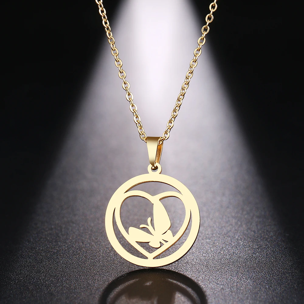 

DOTIFI Stainless Steel Necklace For Women Man Butterfly Heart And Circle Gold Silver Color Pendant Necklace Engagement Jewelry