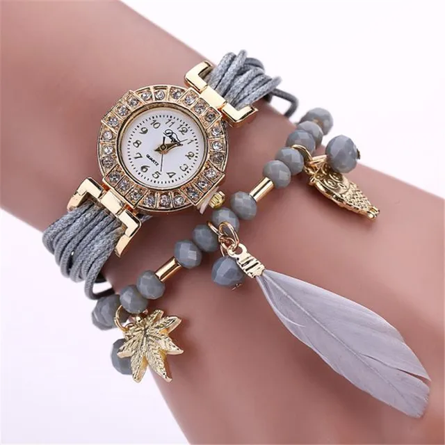 Fashion Chain Watch Feather Weave Wrap Around Bracelet Watch Crystal Synthetic W Fashion Chain Watch Feather Weave Wrap Around Bracelet Watch Crystal Synthetic W