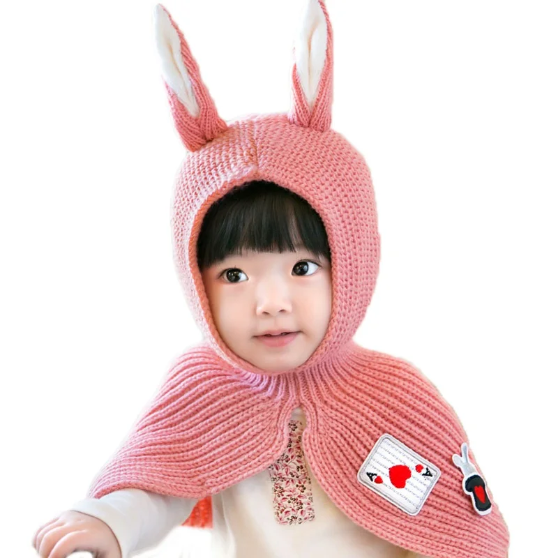 Для новорожденных, маленьких мальчиков и девочек милые заячьи ушки с шерстяной подкладкой; теплая детская шапка с отложным воротником набор шарфов; осень-зима - Цвет: P