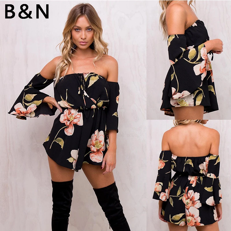 

2018 NEW Summer Printed Flare Sleeve Sexy Off Shoulder Backless Chiffon Jumpsuit Boot Cut Strapless Romper