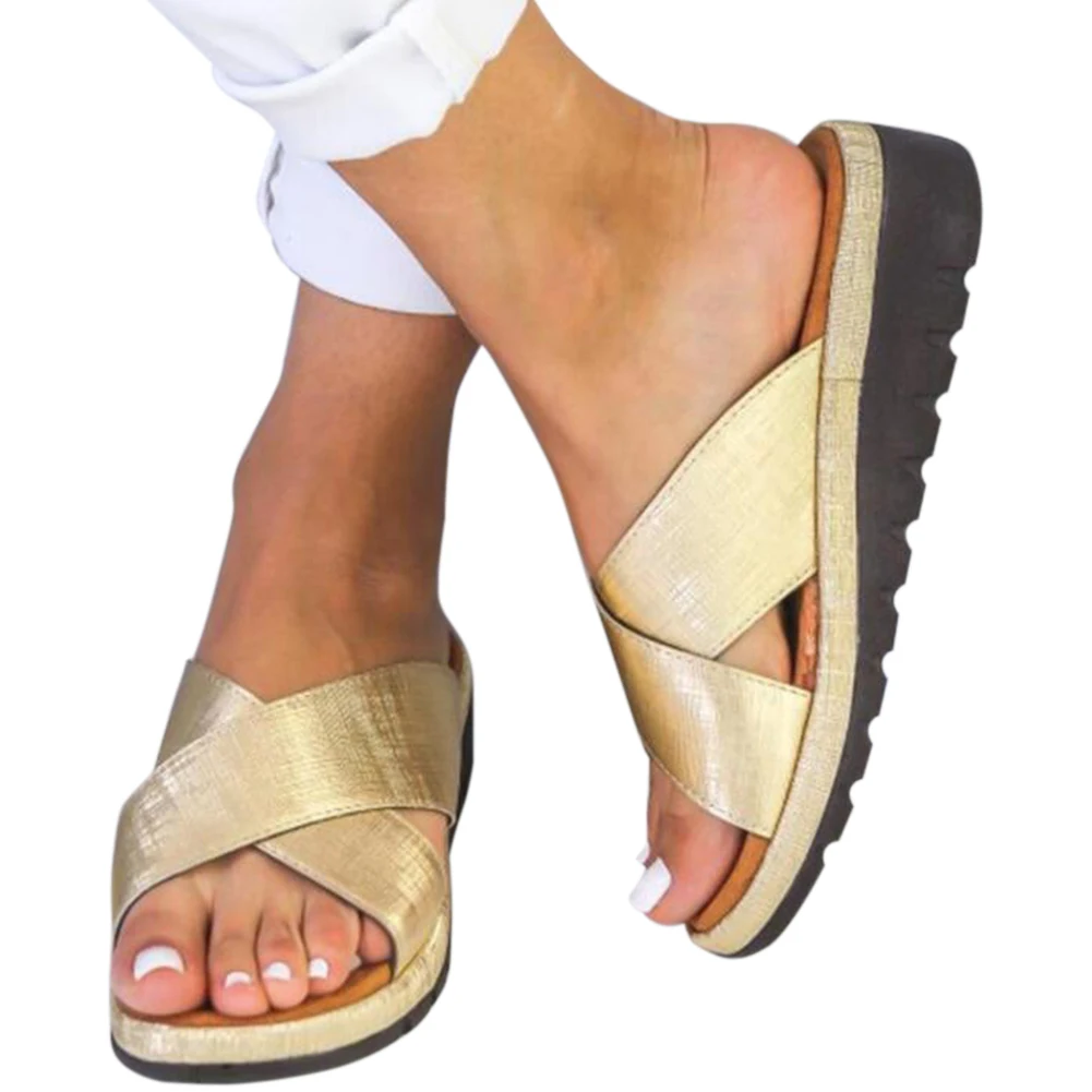 

Fashion Simple Open Toe Women Slipper Non Slip Comfortable Cross Summer PU Leather Flat Heel All-Match Casual Holiday Solid