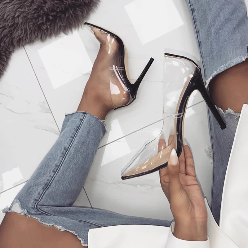 Perixir Hot Summer Shoes Clear PVC Sandals Perspex Heel Stilettos High Heels Point Toes Womens Party Shoes Nightclub Pumps 36-41