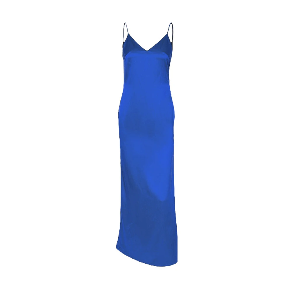 Атласное облегающее платье на бретельках, сексуальные вечерние платья с глубоким v-образным вырезом и высокой талией, летнее пляжное платье с открытой спиной, фиолетовое платье на молнии в стиле Харадзюку - Цвет: Синий