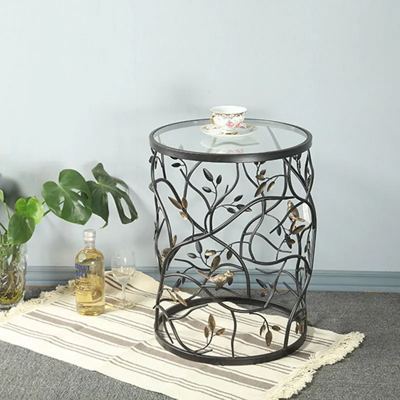 Vintage Round Living Room Sofa Balcony Small Round Table Side Table, Iron Tea Table Tempered Glass, Creative Furniture