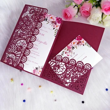 

DIY Burgundy Wedding Invitation Laser Cut Pocket Invitations for Wedding Bridal Shower Birthday Engagement Dinner Party Invite