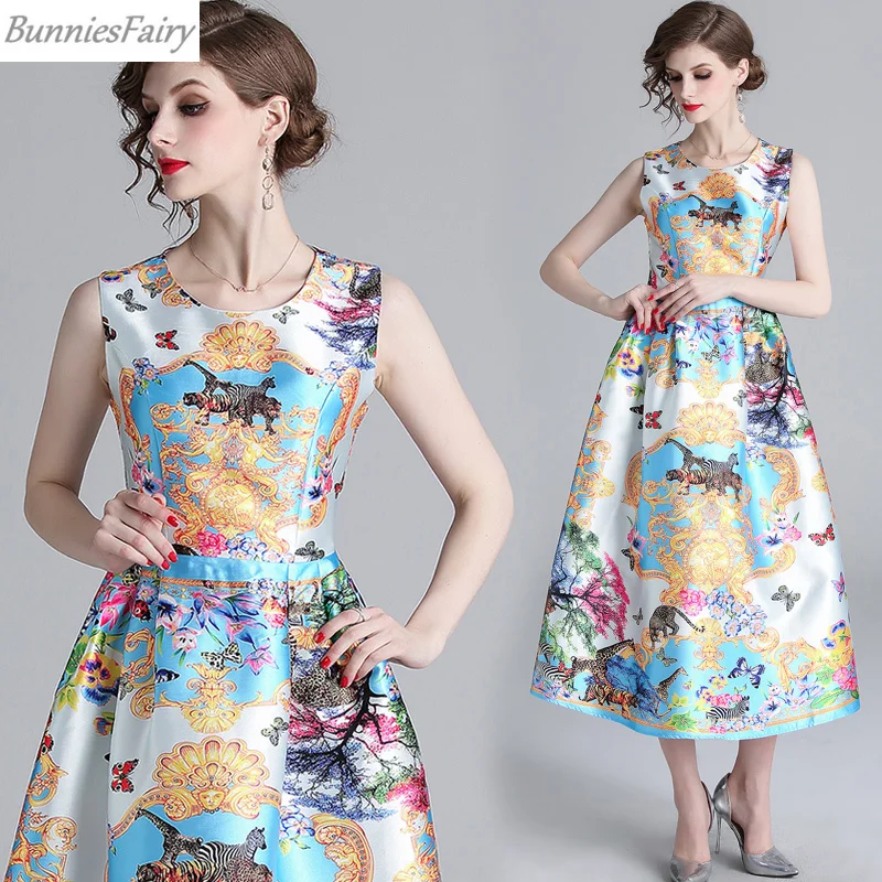 

BunniesFairy 2019 Spring Women Celebrity-inspired 50s Hepburn Gorgeous Royal Vintage Retro Animal Floral Print Midi Vest Dress