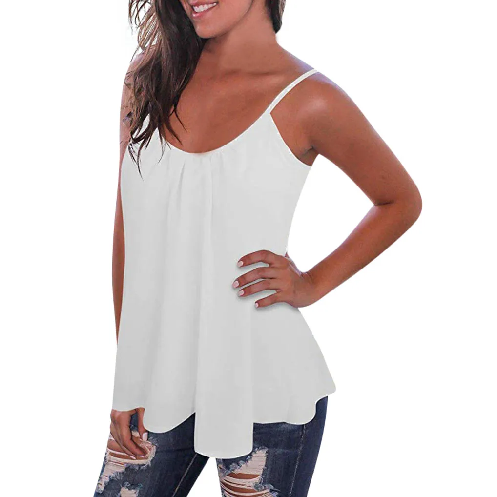 

Tank Top Women's Pleated Chiffon Vest Loose O-Neck Stretch Soft Daily Casual Backless Spaghetti Strap Shirts Summer Tank Top