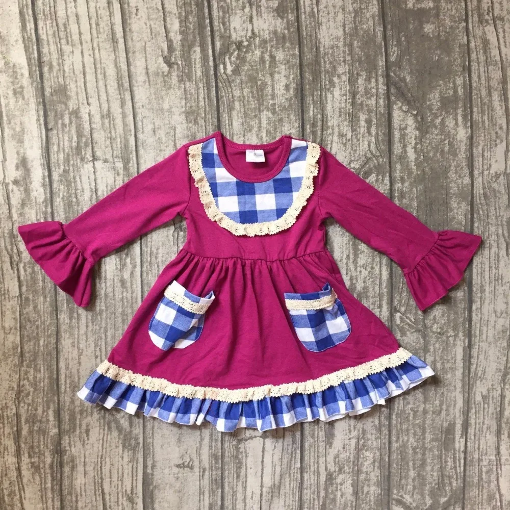 new arrival spring fall/winter baby girls plum blue plaid cotton dress pocket ruffle long sleeve