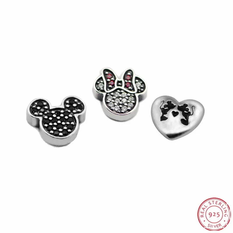 

925 Sterling Silver Sparking Icon Cartoon Mice Kiss Petite Locket Charm 3pcs/set Fit Pendants & Necklaces Jewelry Making FLS013