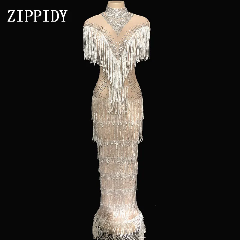 Shining Rhinestones Mesh Fringes Dress Women Fashion Birthday One Piece Dress Singer Birthday Celebrate Evening Party Dress Dresses Aliexpress