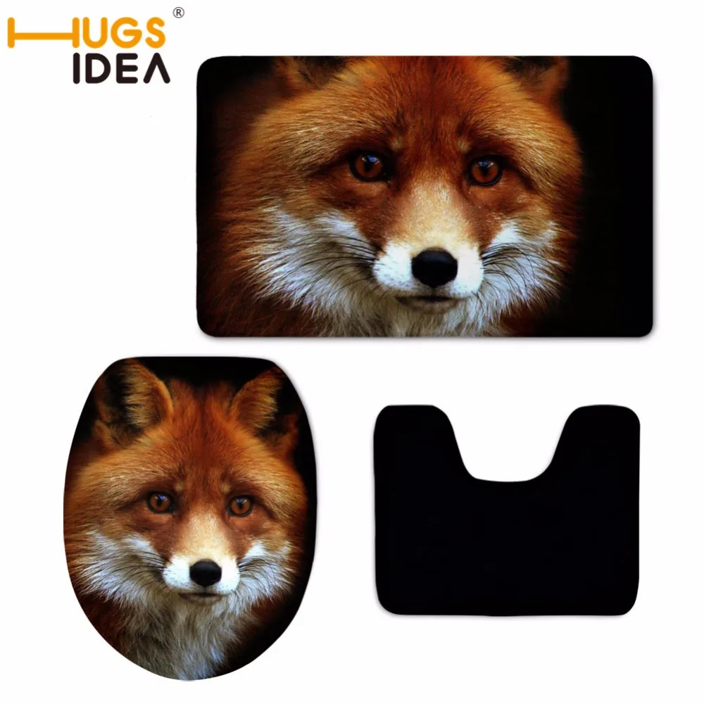 

HUGSIDEA Cute Fox Printing 3pcs Bathroom Mat Set Non-slip Bathroom Floor Mats Flannel Bath Mat Set Toilet Rugs Shower Carpet