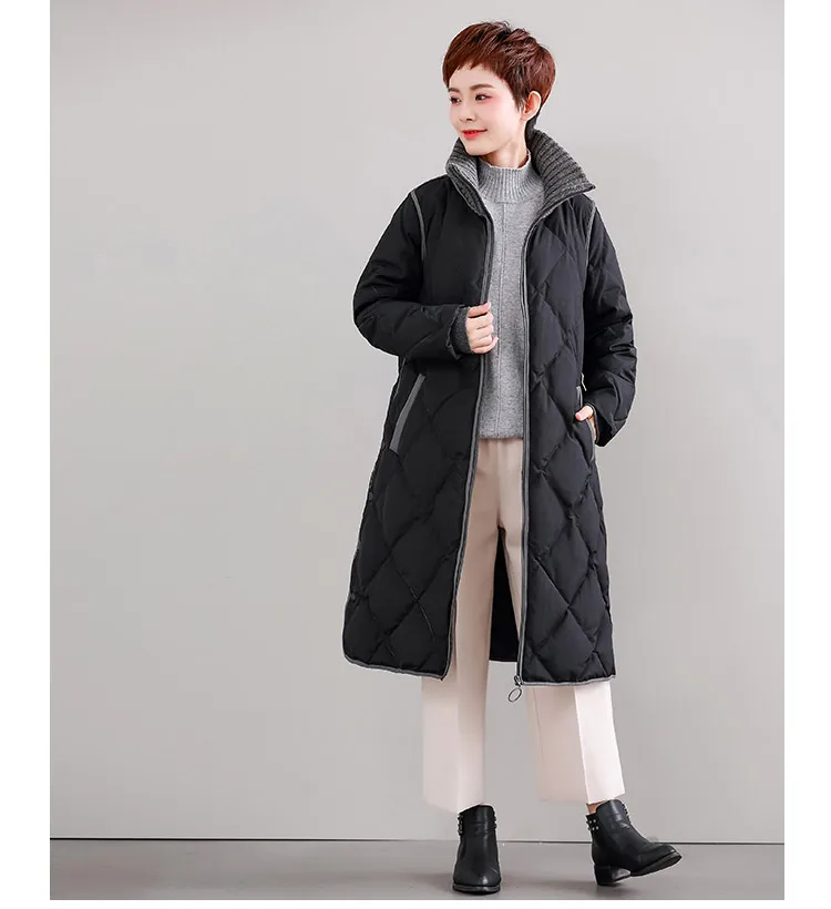 M ~ 3XL новая Офисная Женская куртка на утином пуху 2018 зимняя женская длинная трикотажная парка с воротником в стиле пэчворк пальто на