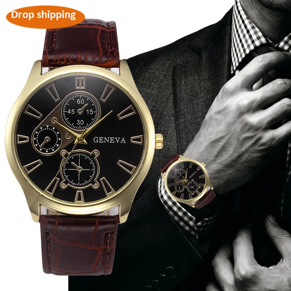 

Geneva Men's watches luxury brand sport military Retro Design Leather Band Analog Alloy Quartz Wrist Watch