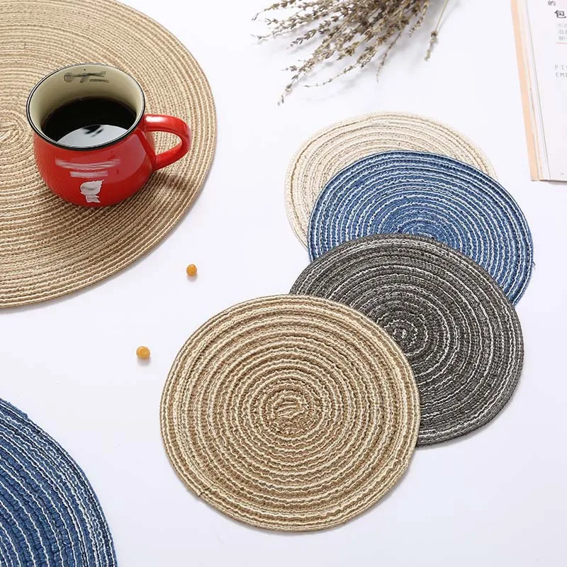 

Round Linen Weave Placemat For Dining Table Tableware Pad Table Mat Bowl Coaster Blue Mat