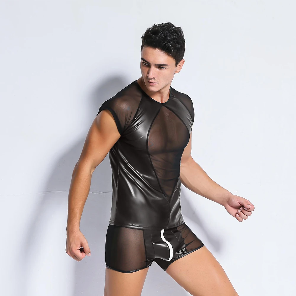 

Sexy Men's Black Mesh T-Shirt Tops Tees+Trunks Fun Patent Leather Fetish Latex DS Lingerie Catsuit Exotic Club wear Costumes