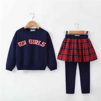 

Girls Clothes 2pcs kids clothes Cute Letter Print Outfits Set Toddler kid Warm Sweatshirt Plaid Skirt Pants