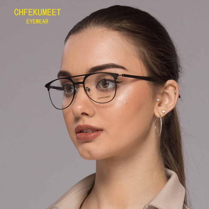 

CHFEKUMEET Alloy Frame Prescription Glasses Women Round Myopia Prescription Eyeglasses Metal Optical Reading Eyewear